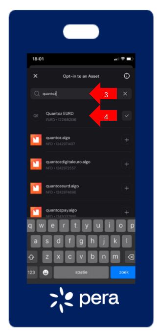 Pera wallet: selecting the Quantoz EURD asset
