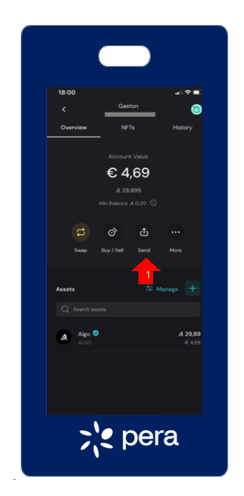 Pera wallet: the Send button on the main screen