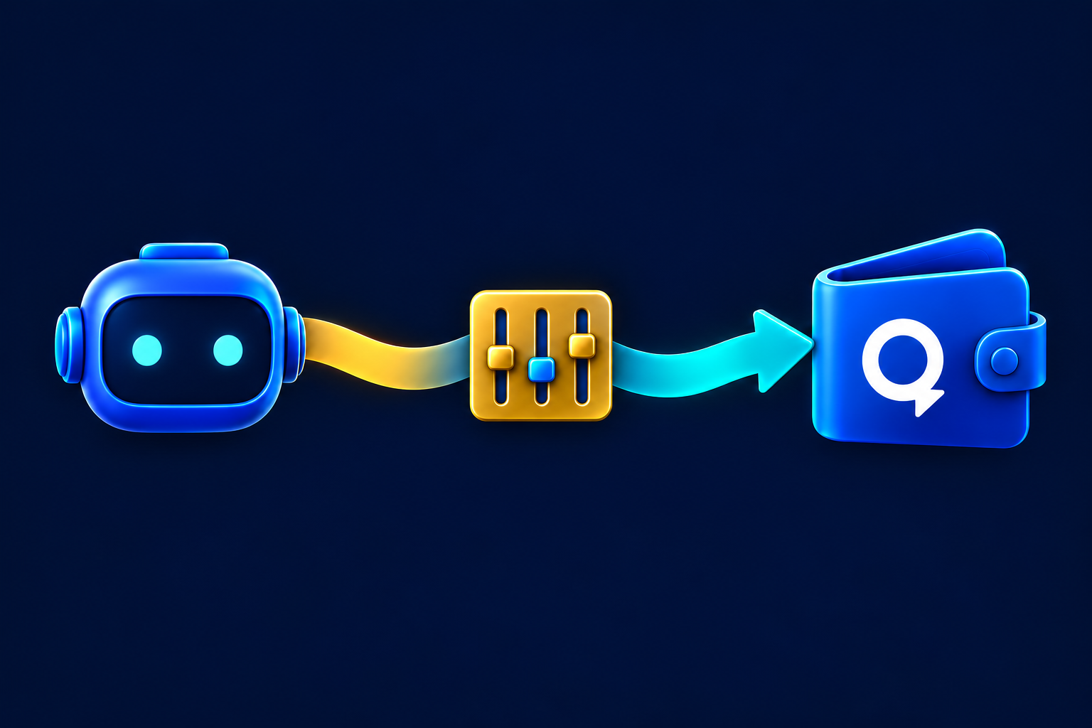An AI agent connects through a gold settings module to a blue Quantoz wallet, representing owner-controlled access to regulated money.