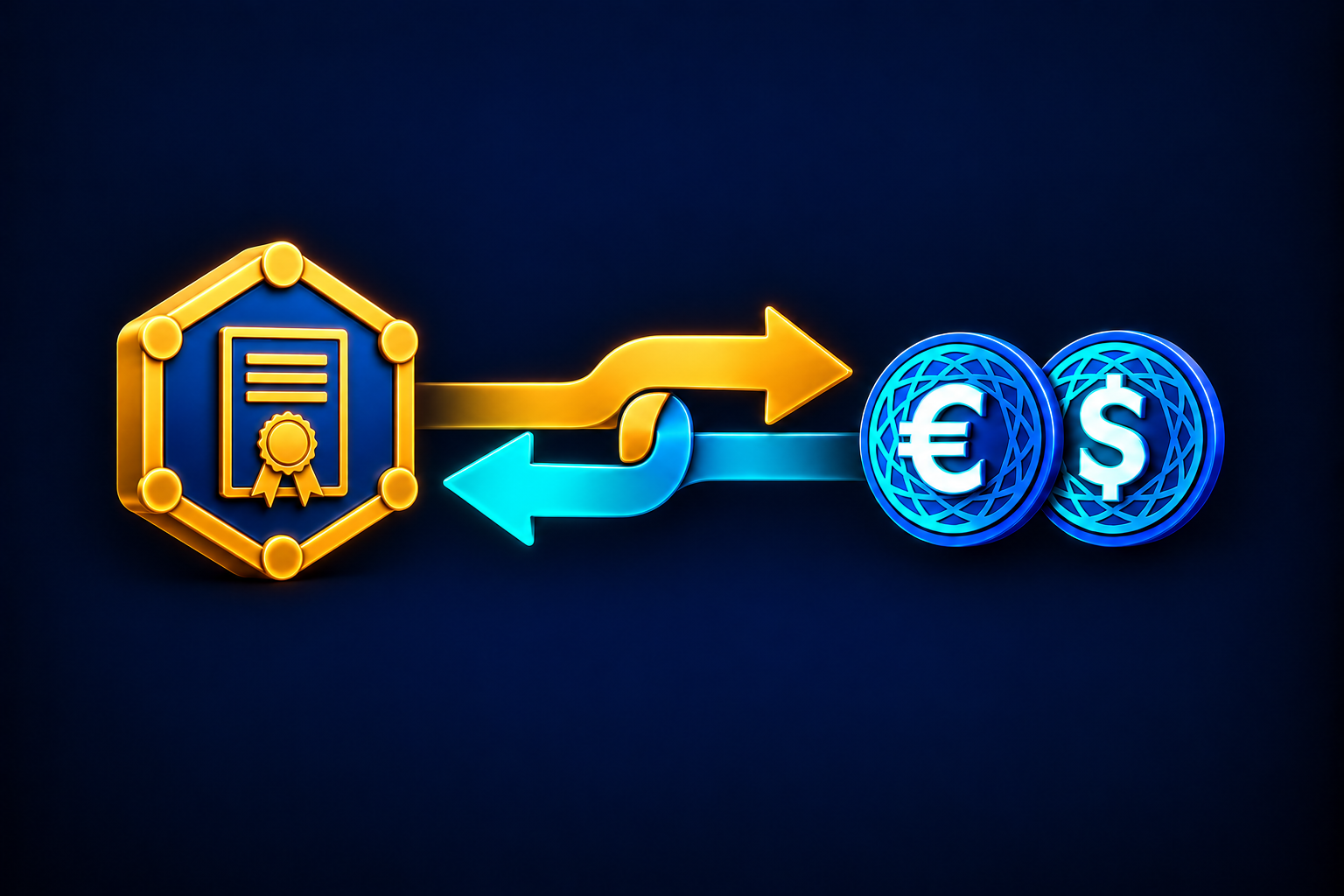 A hexagonal asset token containing a certificate faces euro and dollar tokens, connected by two interlocking arrows pointing in opposite directions.