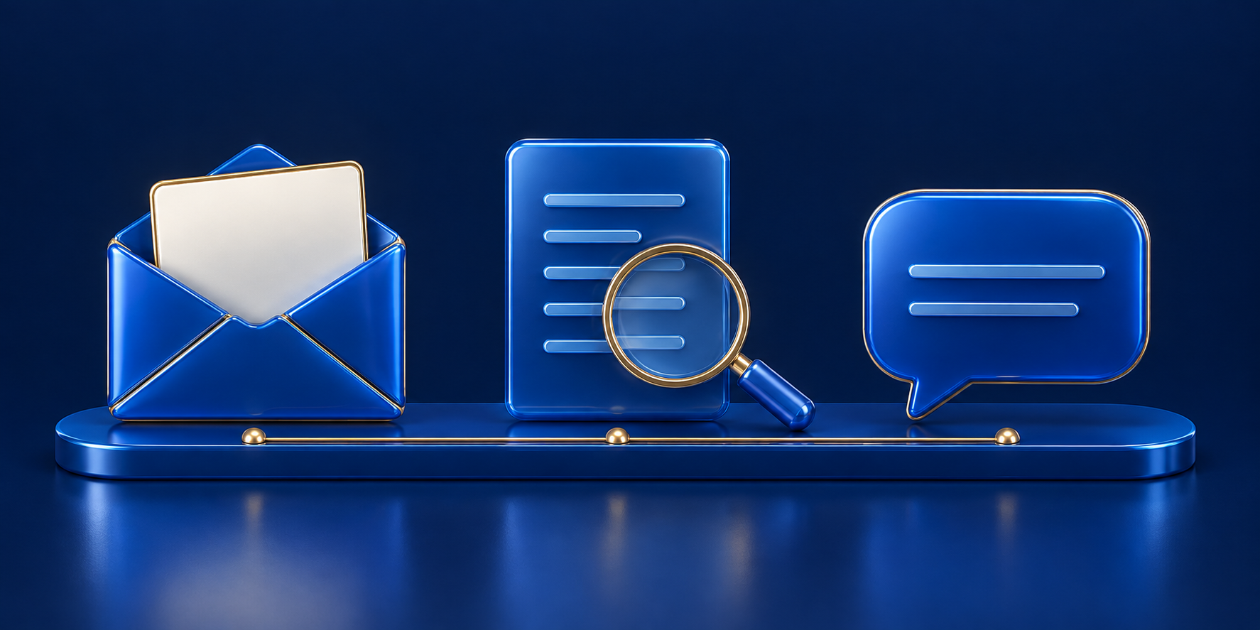 An envelope, a document under review and a reply bubble, representing receipt, review and response to a complaint.