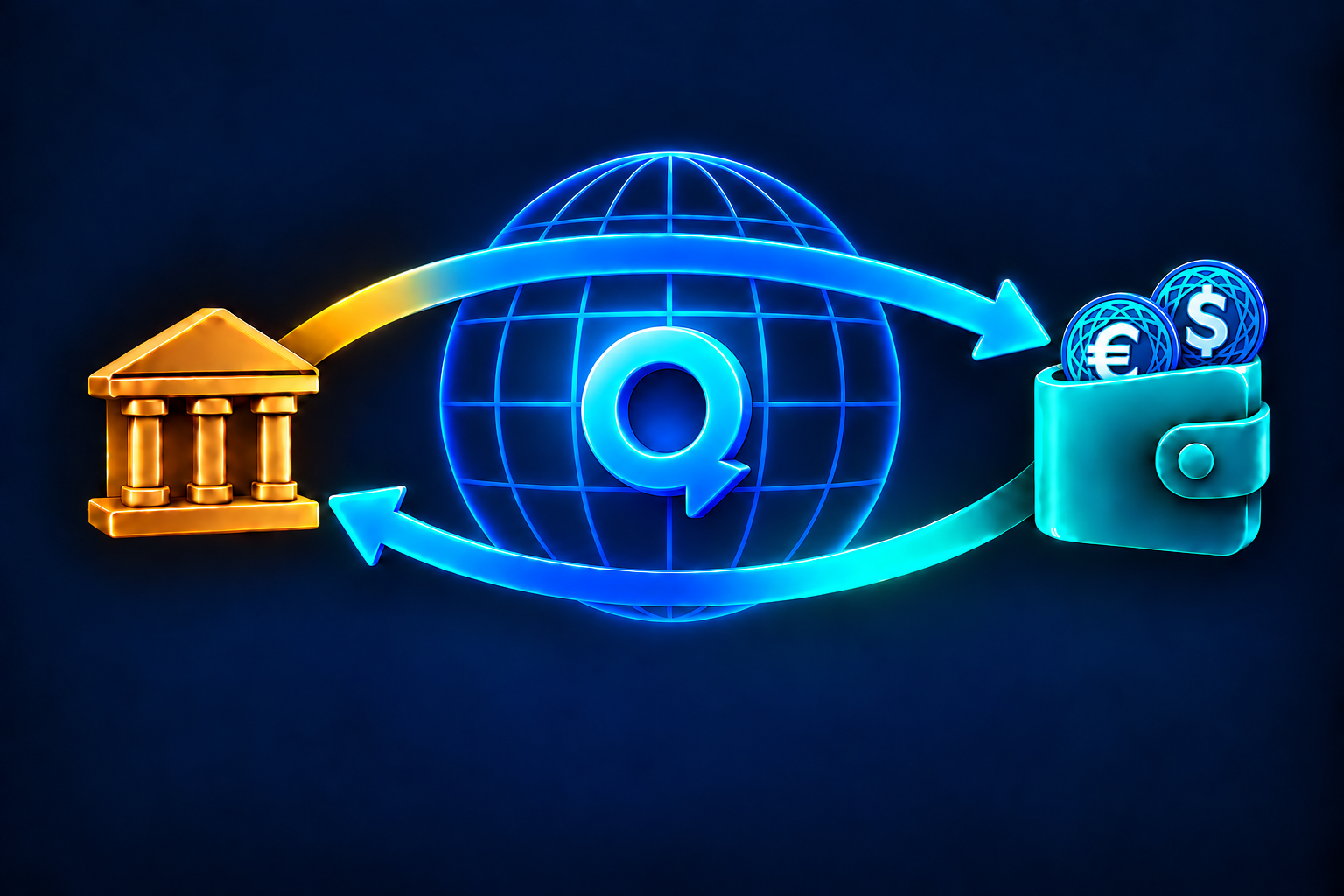 The Quantoz Q and a globe form one shared centre between a bank and a wallet holding euro and dollar stablecoins. Arrows in both directions show issuance and redemption through Quantoz.