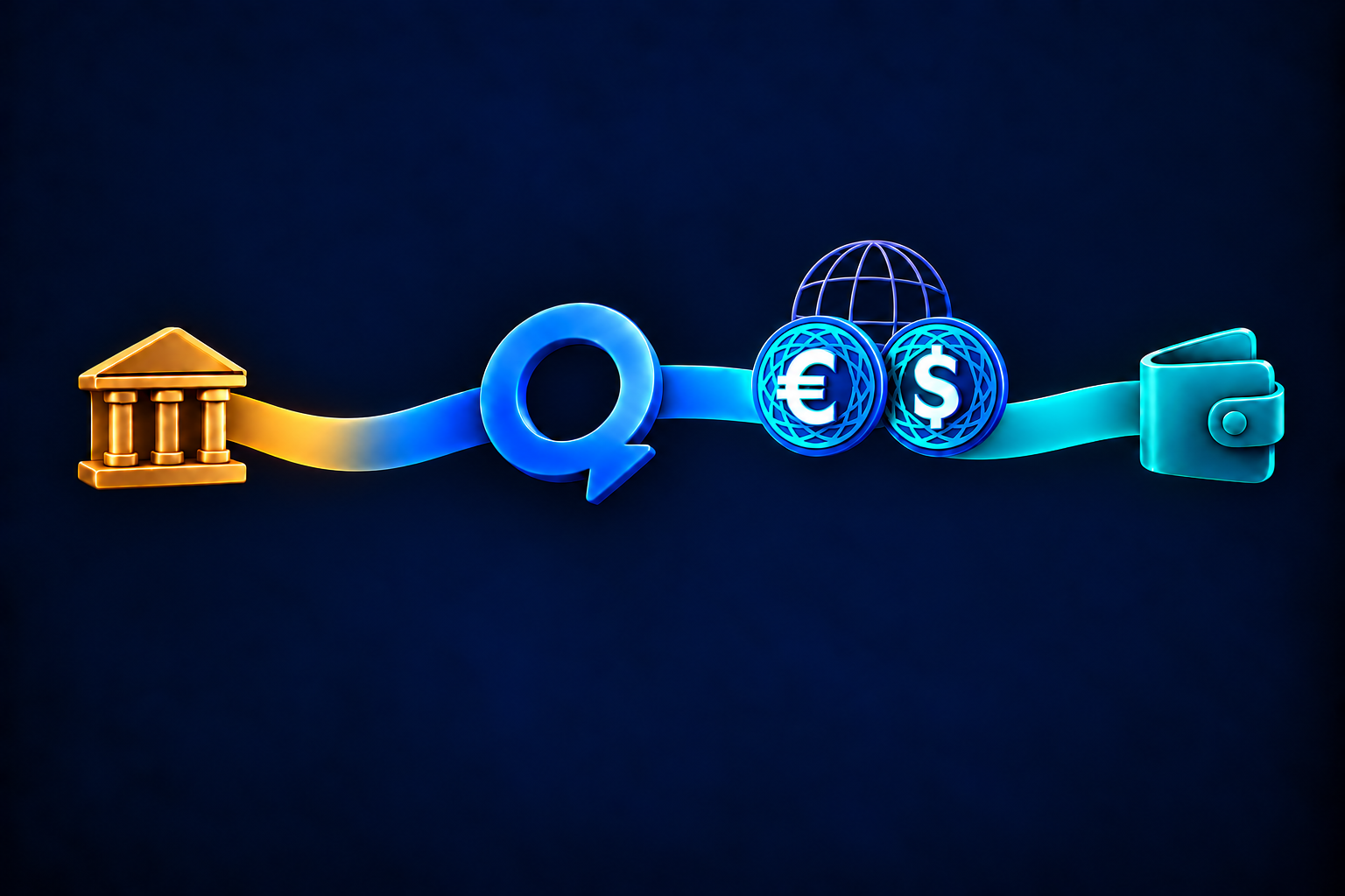 IBANs connect through Quantoz to EURQ and USDQ stablecoins and a wallet, with a globe representing global money movement.