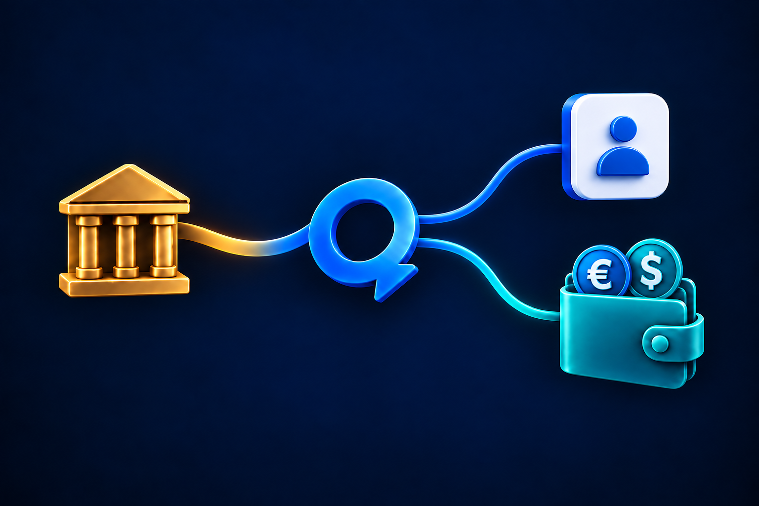 A bank connects through Quantoz to two distinct destinations: an account and a wallet holding euro and dollar tokens.