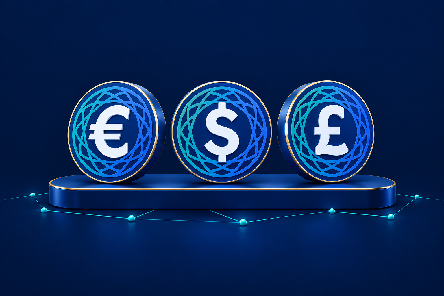Euro, US dollar and pound sterling token coins on a connected blue network platform.