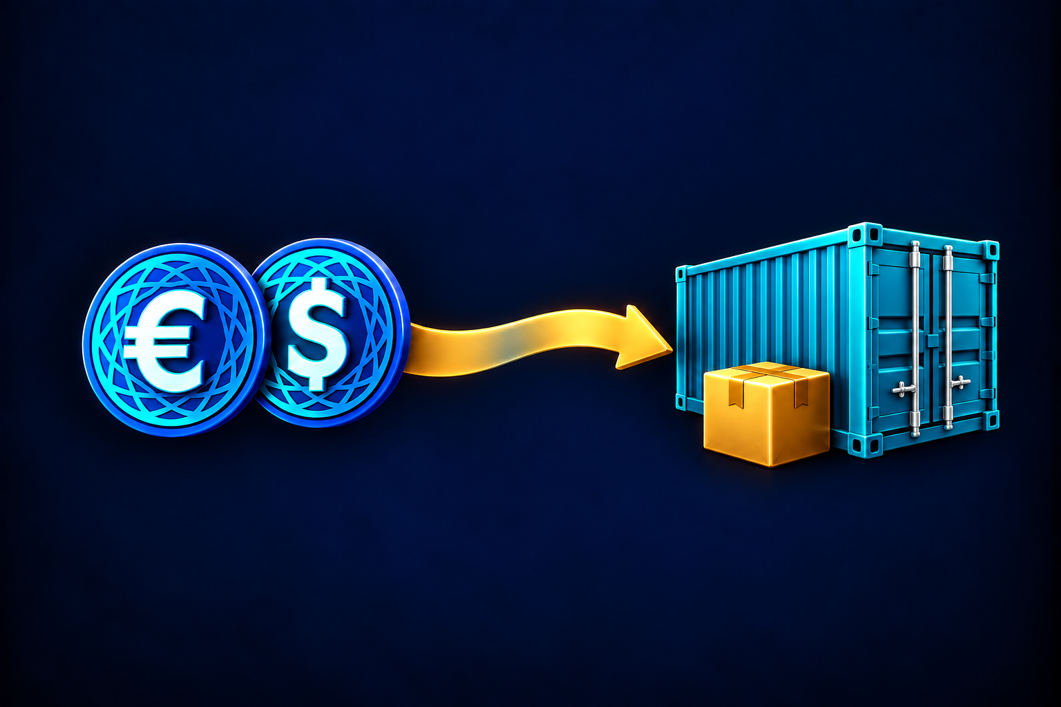 Euro and dollar tokens connected by a gold payment arrow to a shipping container and cargo carton, representing money moving into real trade.