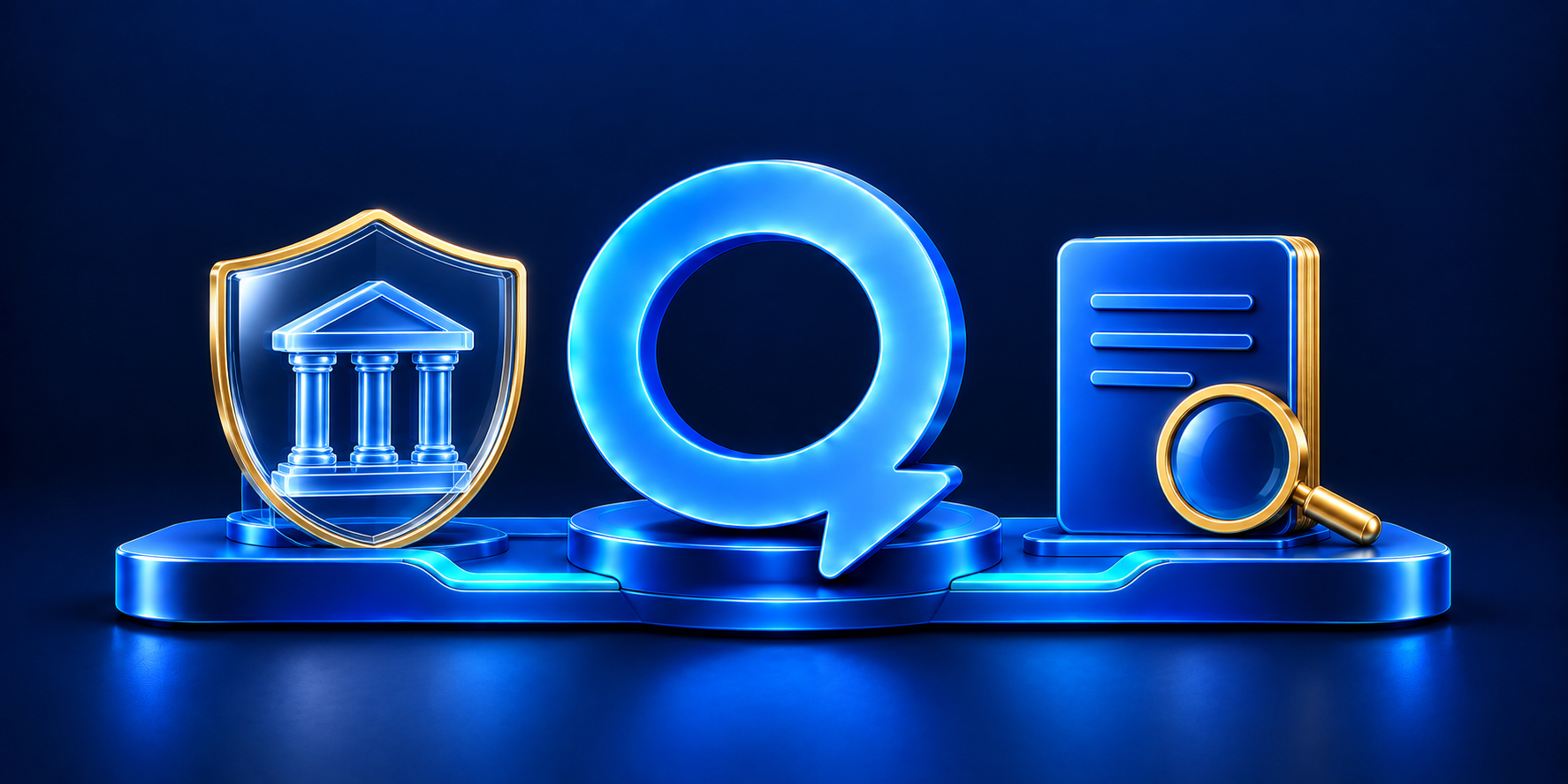 Quantoz Q between a shield protecting bank reserves and a report with a magnifying glass, representing safeguarding and transparency.