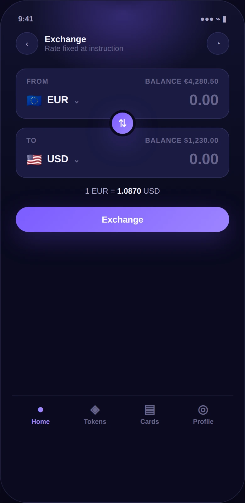 Quantoz Wallet currency exchange screen