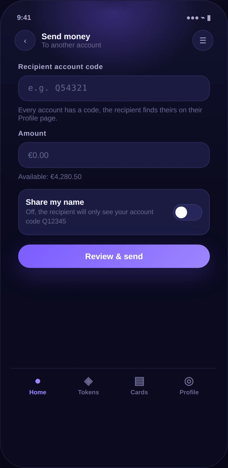 Quantoz Wallet send money screen